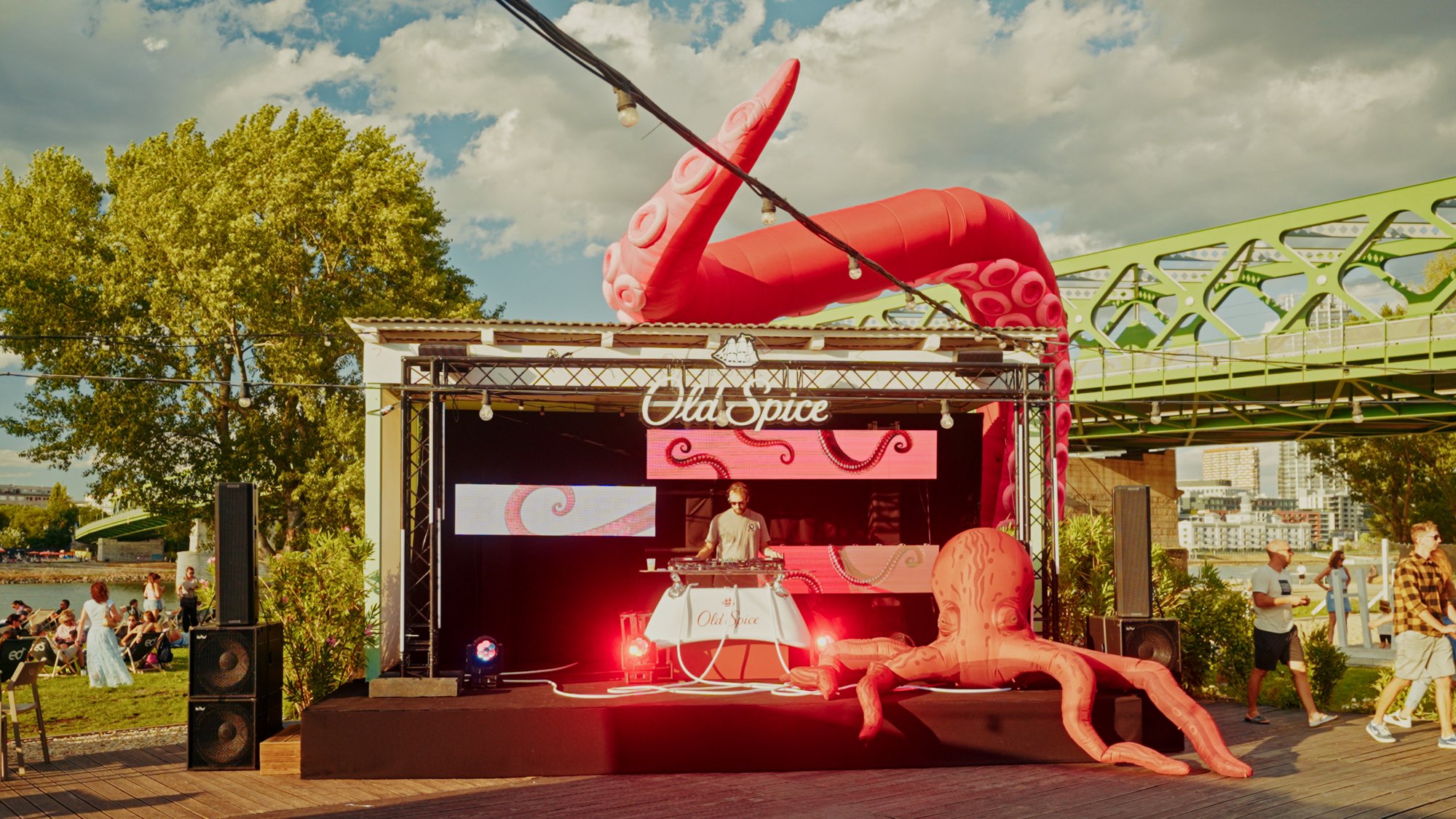 Old Spice “Hands Up Freshness” party at Tyršák – DJ booth and giant inflatable octopus beneath the Old Bridge